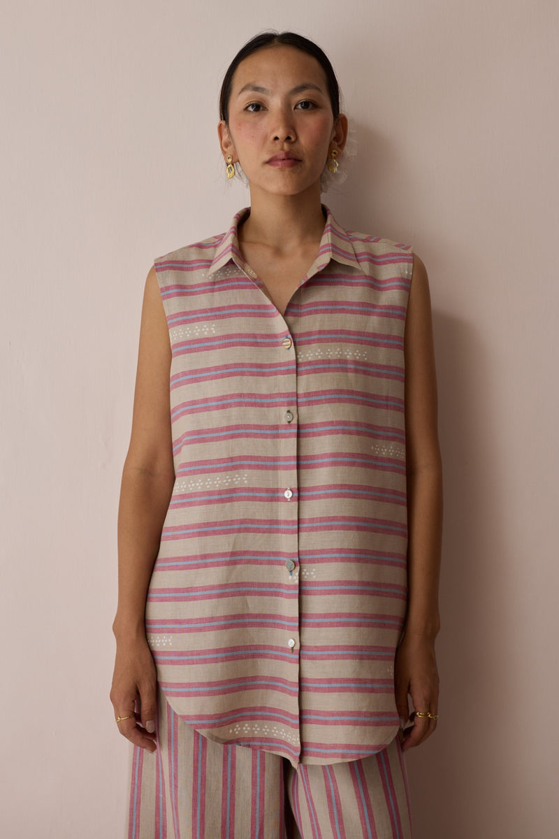 Ello Sleeveless Block-Printed Linen Shirt-Natural linen top/shirt by Manan in off white for women Worldwide