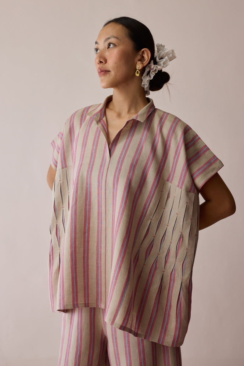 Venn Pleated Stripe Linen Top-Natural linen top/shirt by Manan in off white for women Worldwide