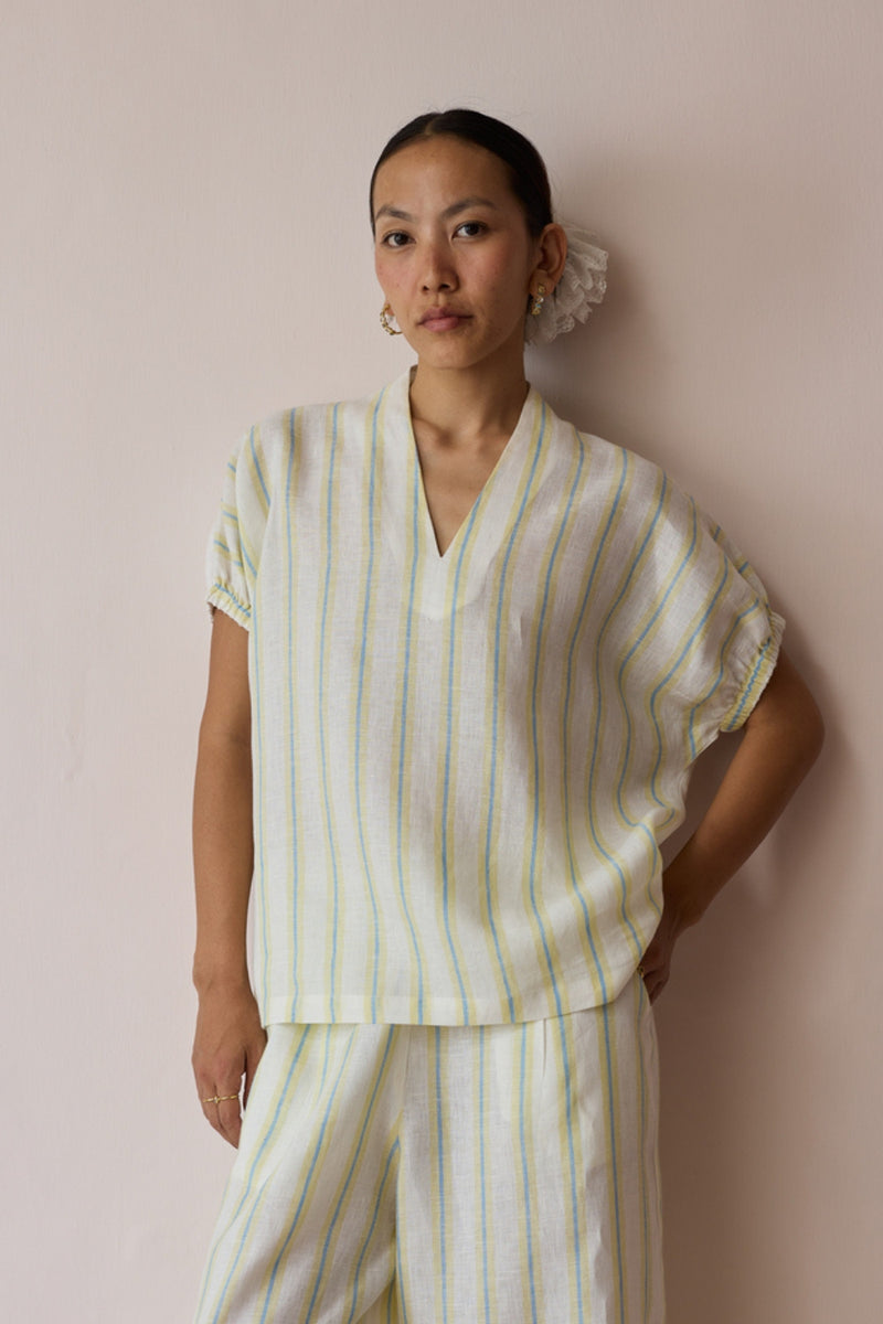 Anne V-Neck Stripe Linen Top-Ivory linen top/shirt by Manan in ivory for women Worldwide