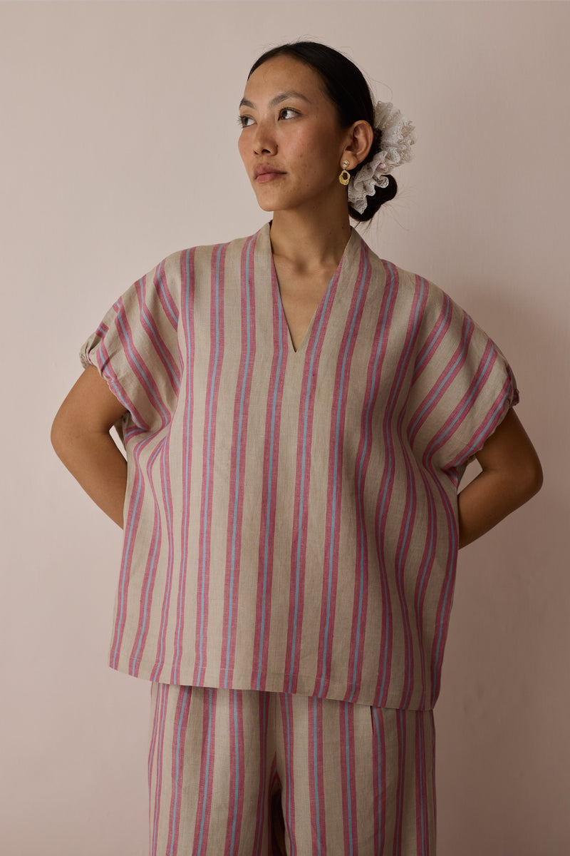 Anne V-Neck Stripe Linen Top-Natural linen top/shirt by Manan in off white for women Worldwide
