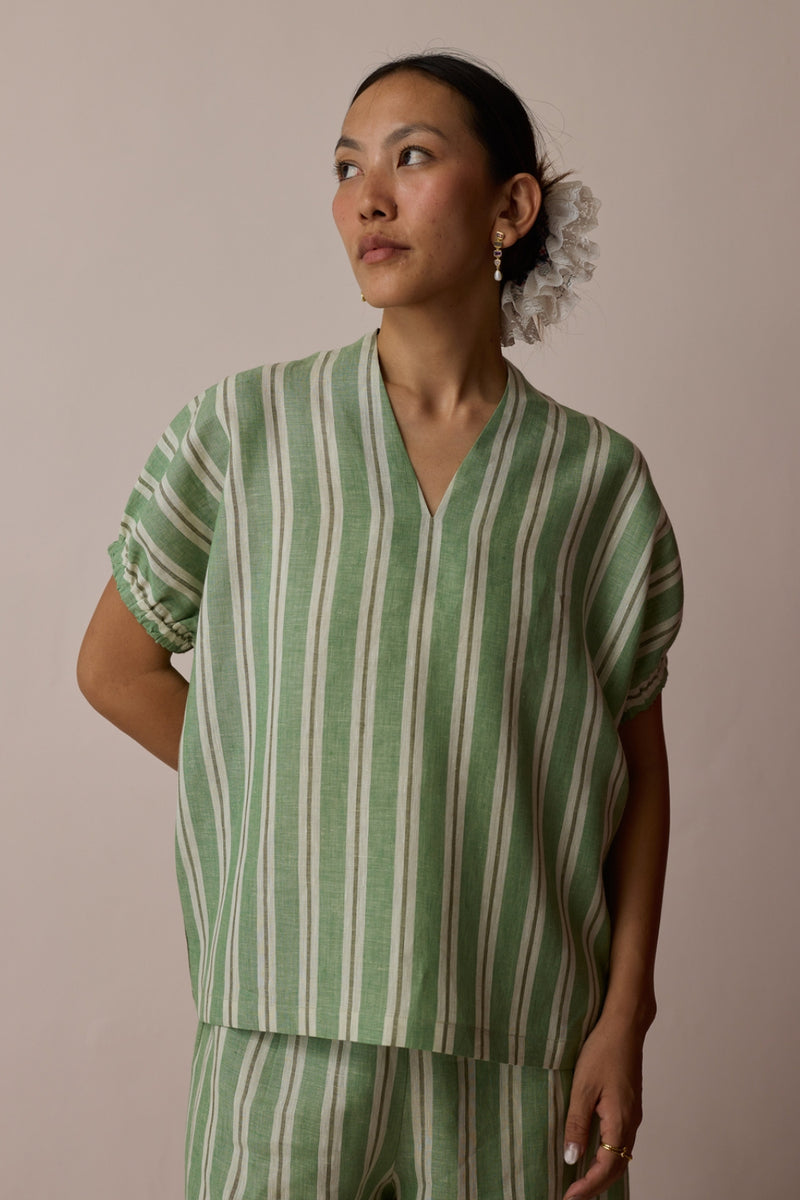 Anne V-Neck Stripe Linen Top-Fern linen top/shirt by Manan in green for women Worldwide