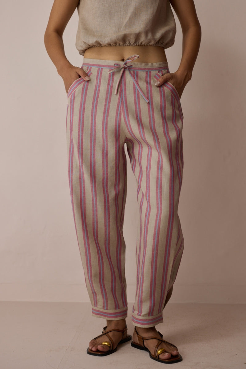 Terra Pleated Hem Stripe Linen Pants-Natural