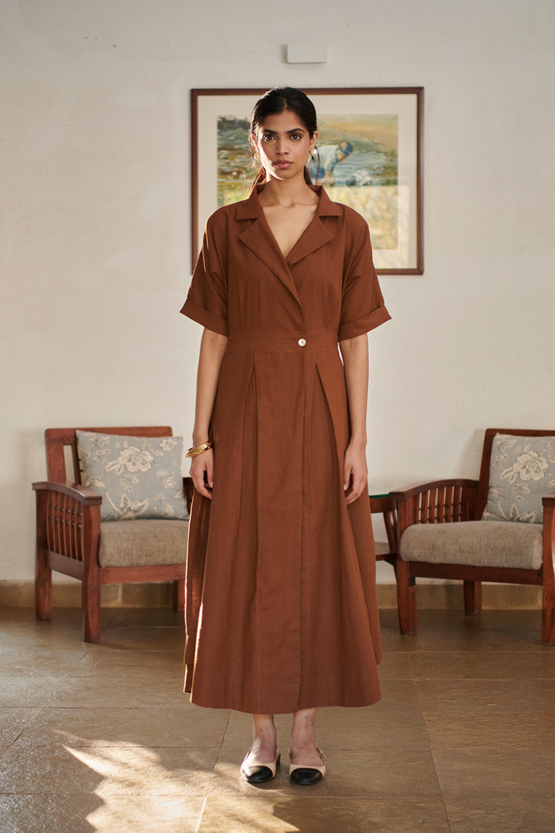 Mocha Co-Linen Wrap Dress linen by Saphed for women Worldwide