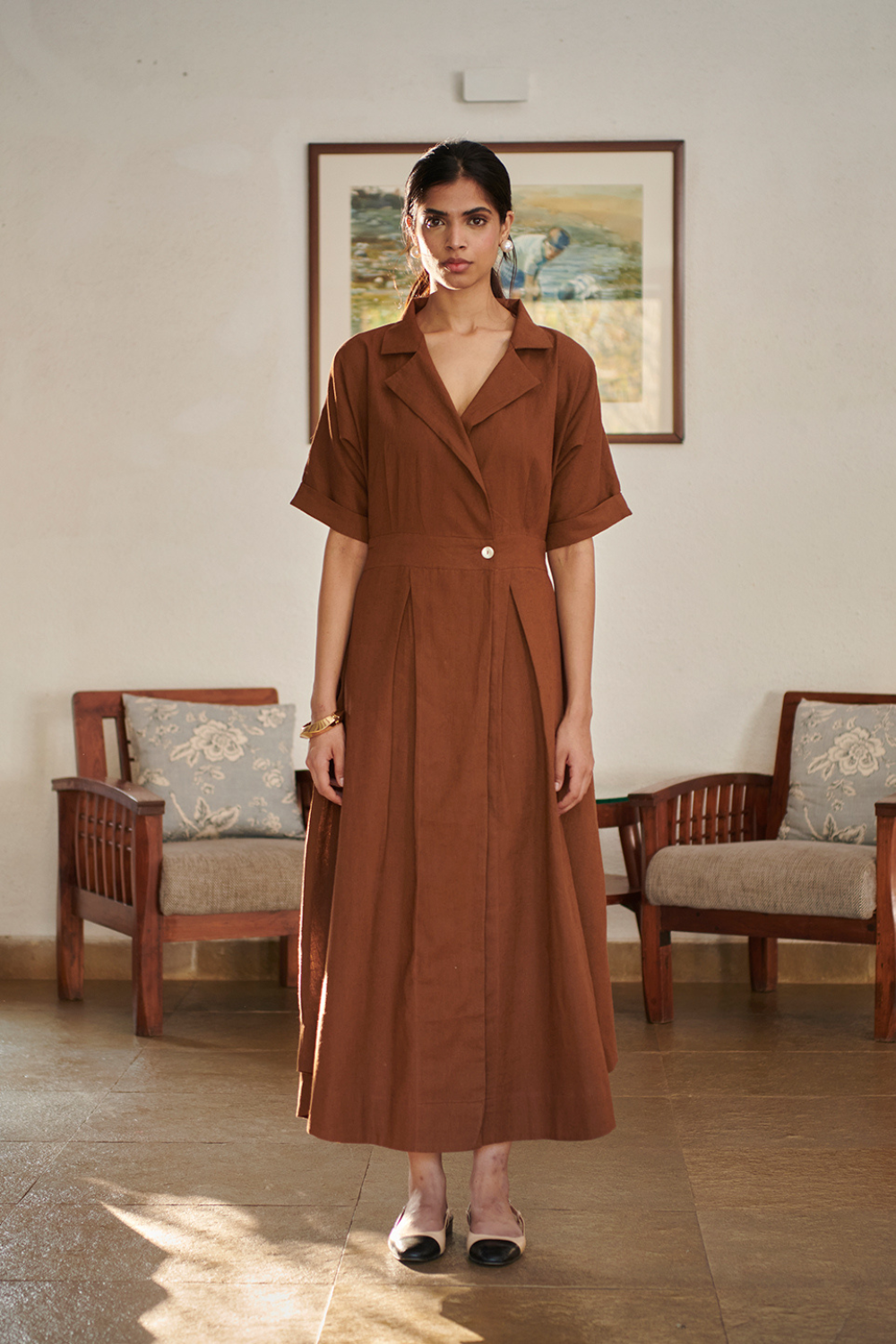 Mocha Co-Linen Wrap Dress