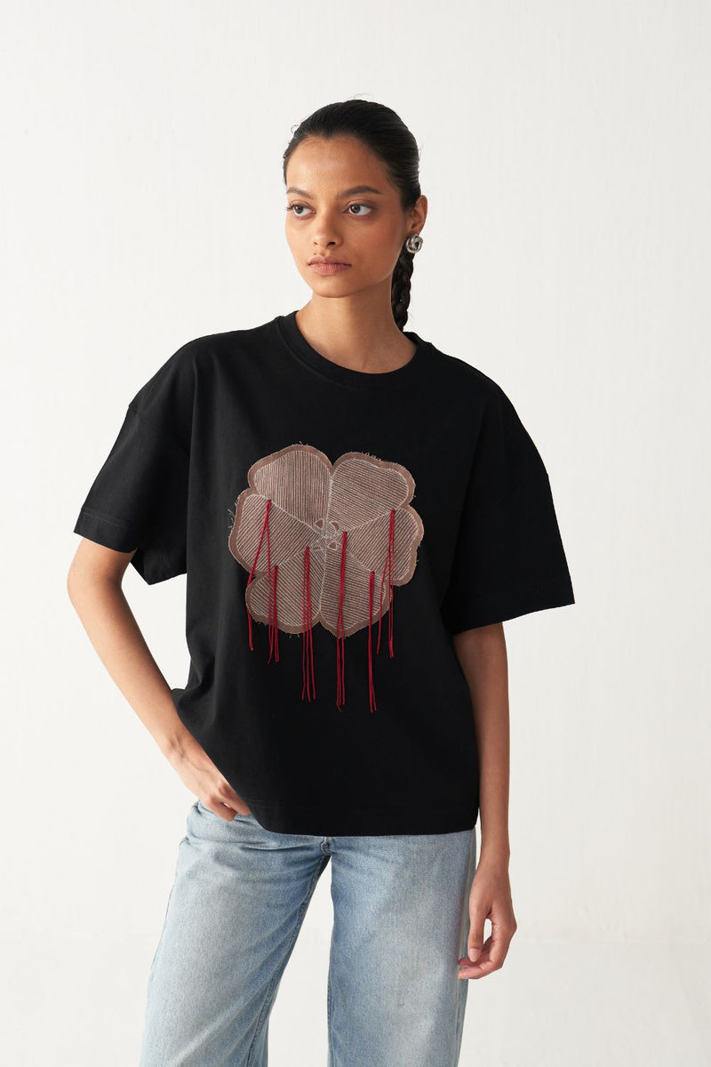 FLORAL FRINGE T-SHIRT+DENIM-BLACK cotton by THREE in black color for women Worldwide