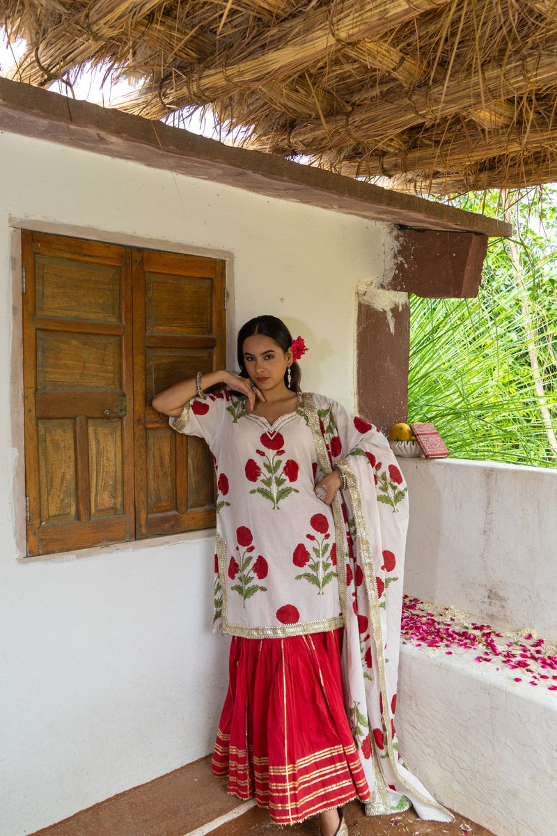 Saundh Red and White hand block printed mughal boota sharara set cotton by Maison Shefali in multi color for women Worldwide