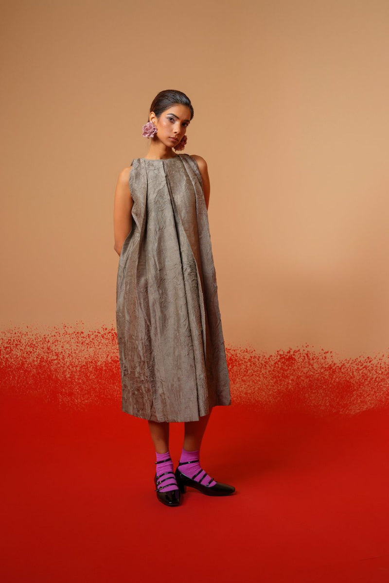 Stone Dress-Grey mysore silk dresses by Stoique in grey for women Worldwide
