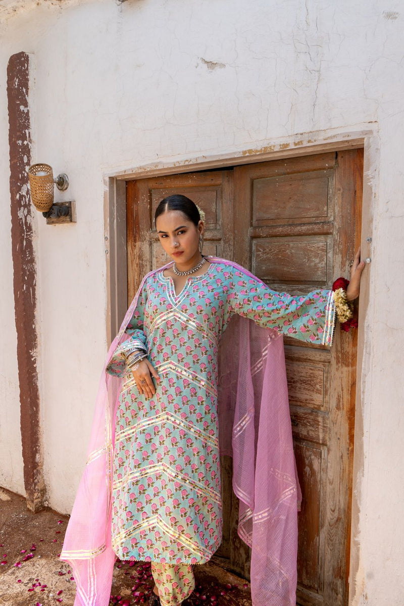 Saundh Pink and Blue hand block printed cotton Salwar set cotton by Maison Shefali in multi color for women Worldwide