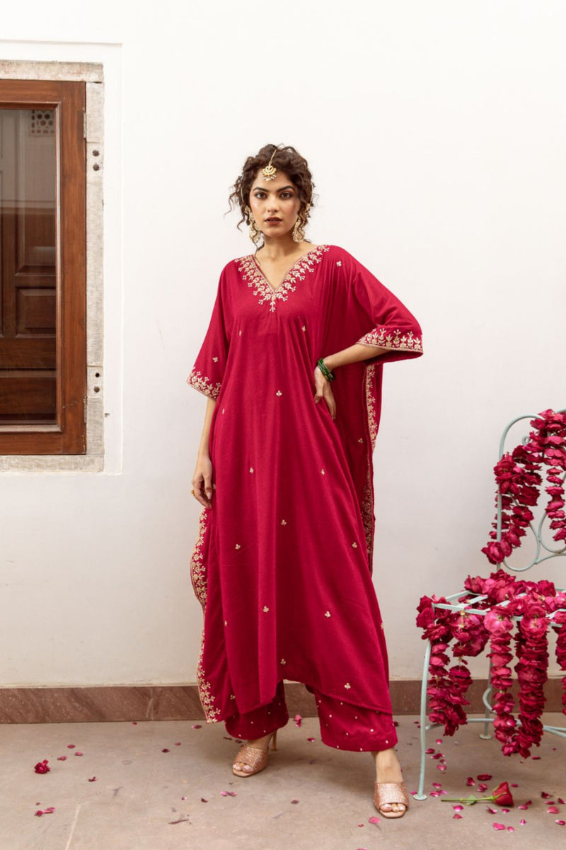 Ibtida Gulabi - Velvet Embroidered Kaftan Set silk by Maison Shefali in red color for women Worldwide