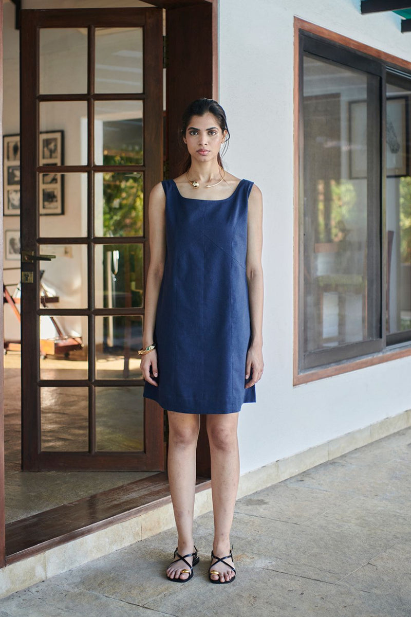 Navy Co-Linen Shift Dress linen by Saphed in navy color for women Worldwide