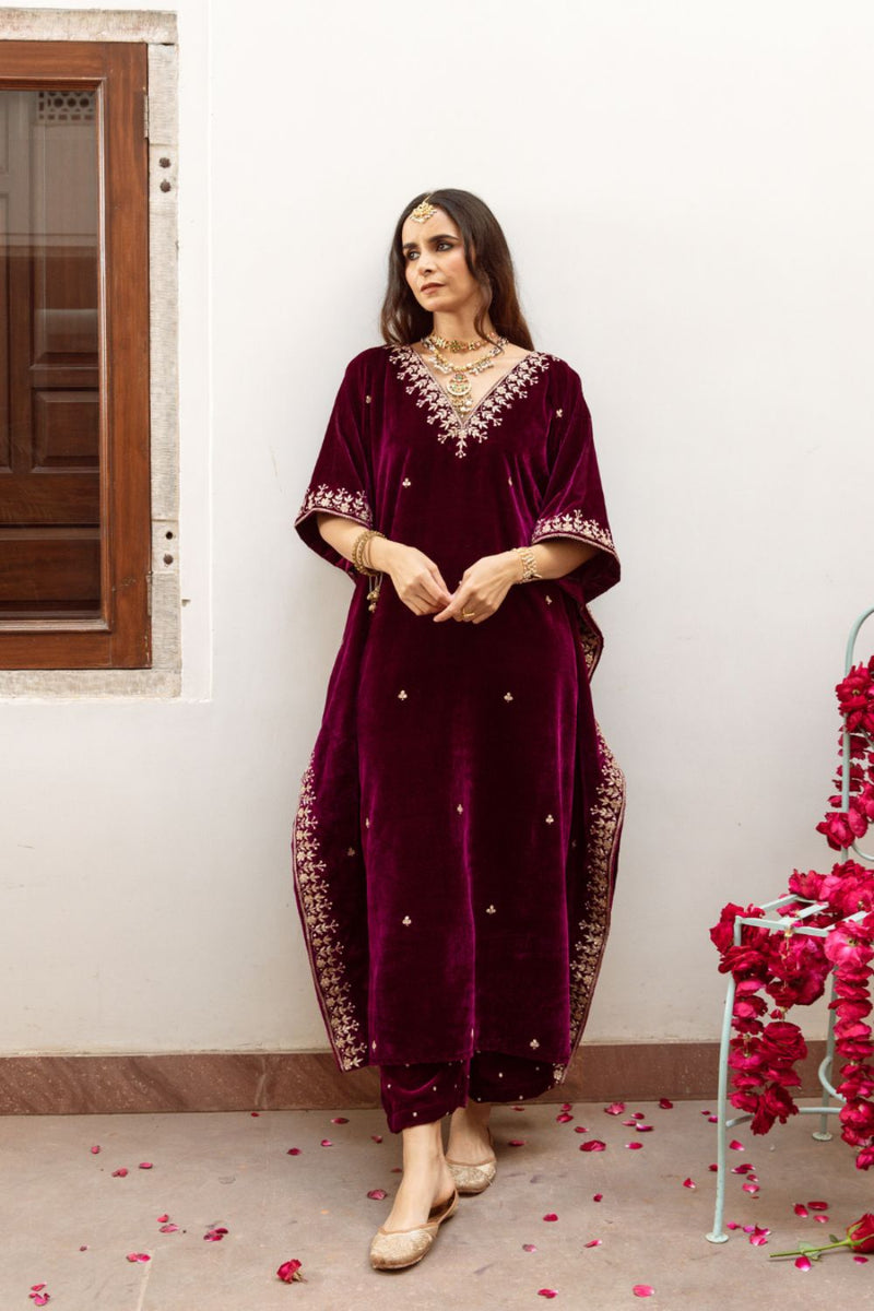 Ibtida - Velvet Embroidered Kaftan Set silk by Maison Shefali in purple color for women Worldwide