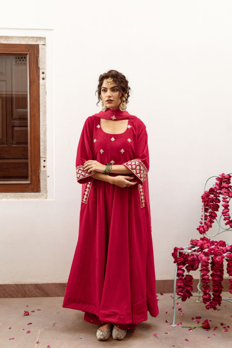 Zeya Gulabi - Velvet Embroidered Suit Set by Maison Shefali in red color for women Worldwide