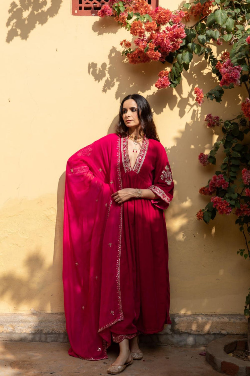 Khizaan Gulabi - Velvet Embroidered Suit Set by Maison Shefali in red color for women Worldwide