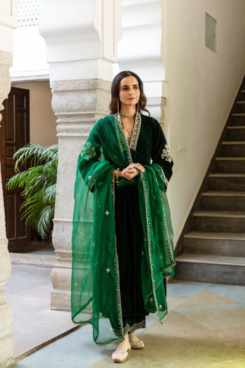 Khizaan Panna - Velvet Embroidered Suit Set by Maison Shefali in green color for women Worldwide