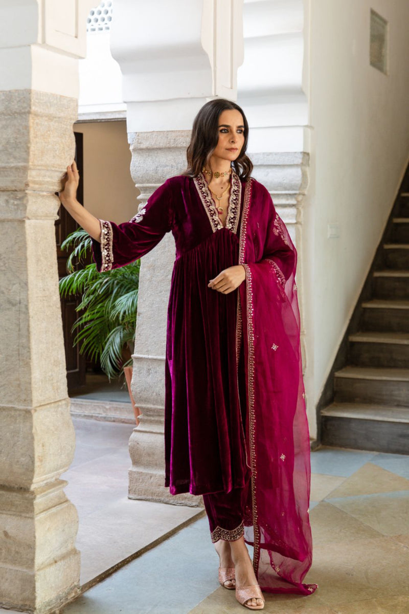 Khizaan - Velvet Embroidered Suit Set by Maison Shefali in purple color for women Worldwide