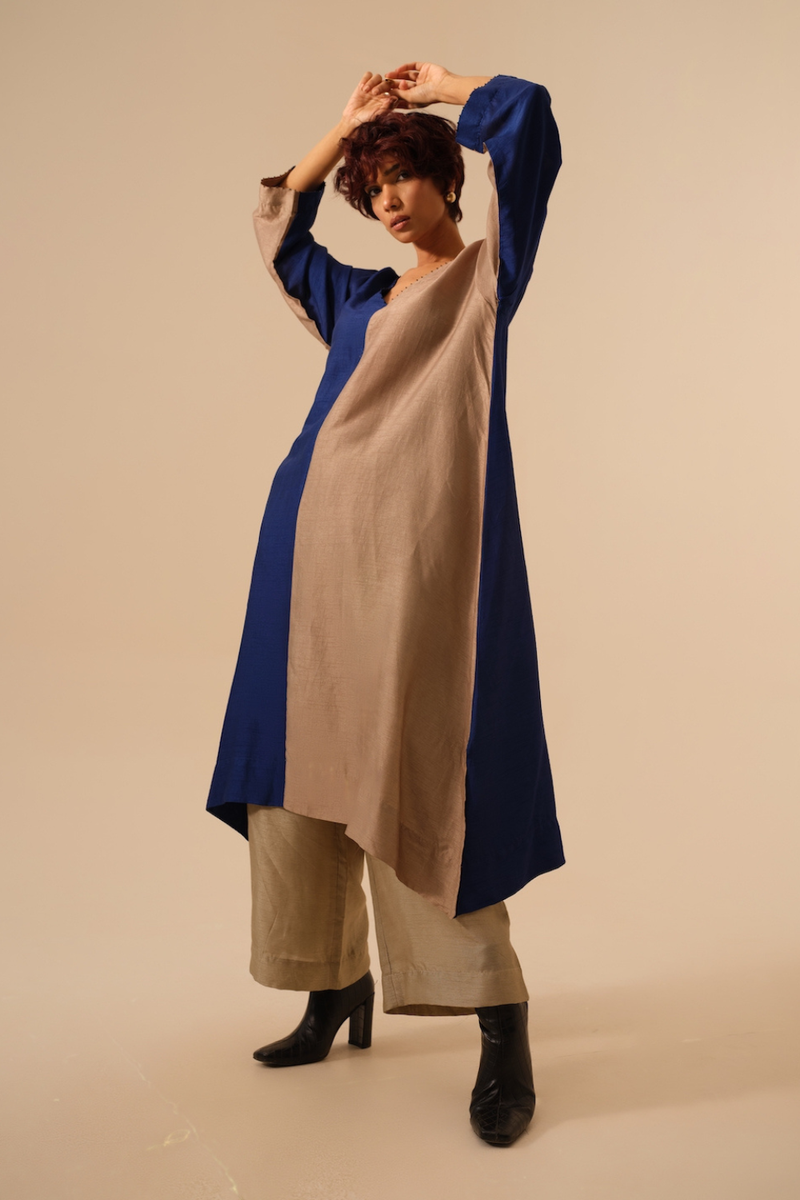 Onyx Tunic-Blue + Grey mysore silk kaftans and tunics by Stoique in blue for women Worldwide