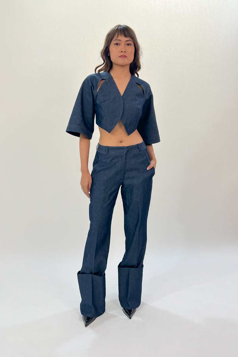Back straped top linen by Leh Studios in blue color for women Worldwide
