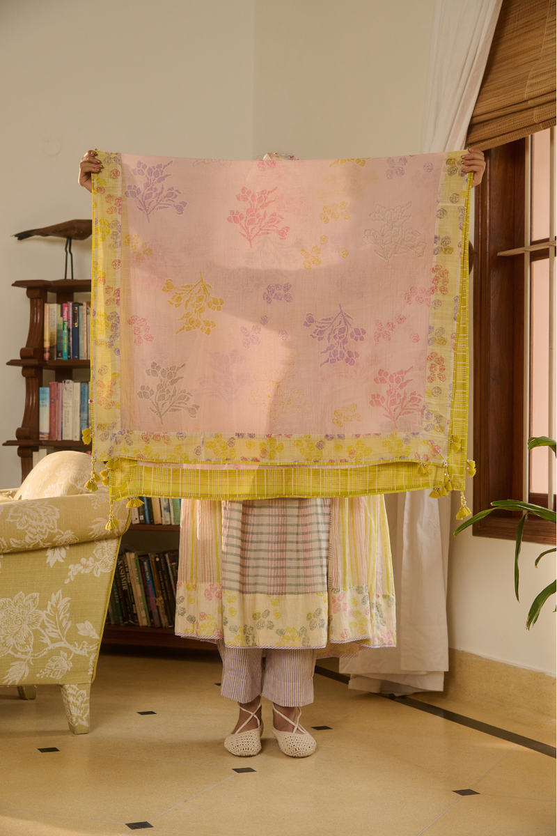 TESS STOLE-PINK WITH IVORY BORDER chanderi by SWATTI KAPOOR in multi color for women Worldwide
