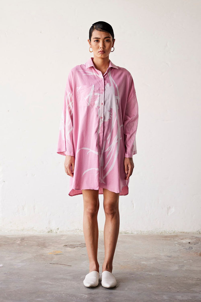 Summer Garden Shirt dress cotton Dress by Khara Kapas in pink for women Worldwide