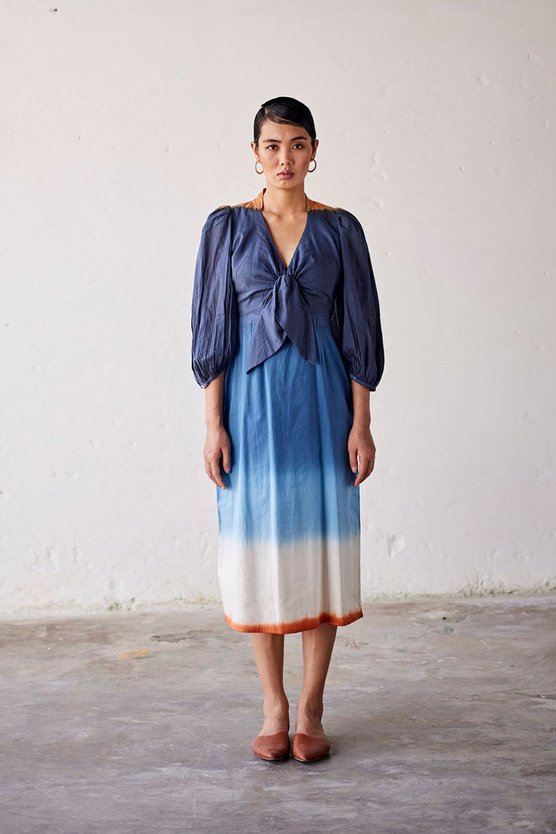Hop Scotch Dress cotton Dresses by Khara Kapas in blue for women Worldwide