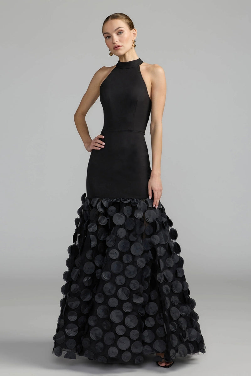 56462-Black Halter Neck 3D Floral Hem Gown polyester evening-gowns by Mac Duggal in black for women Worldwide