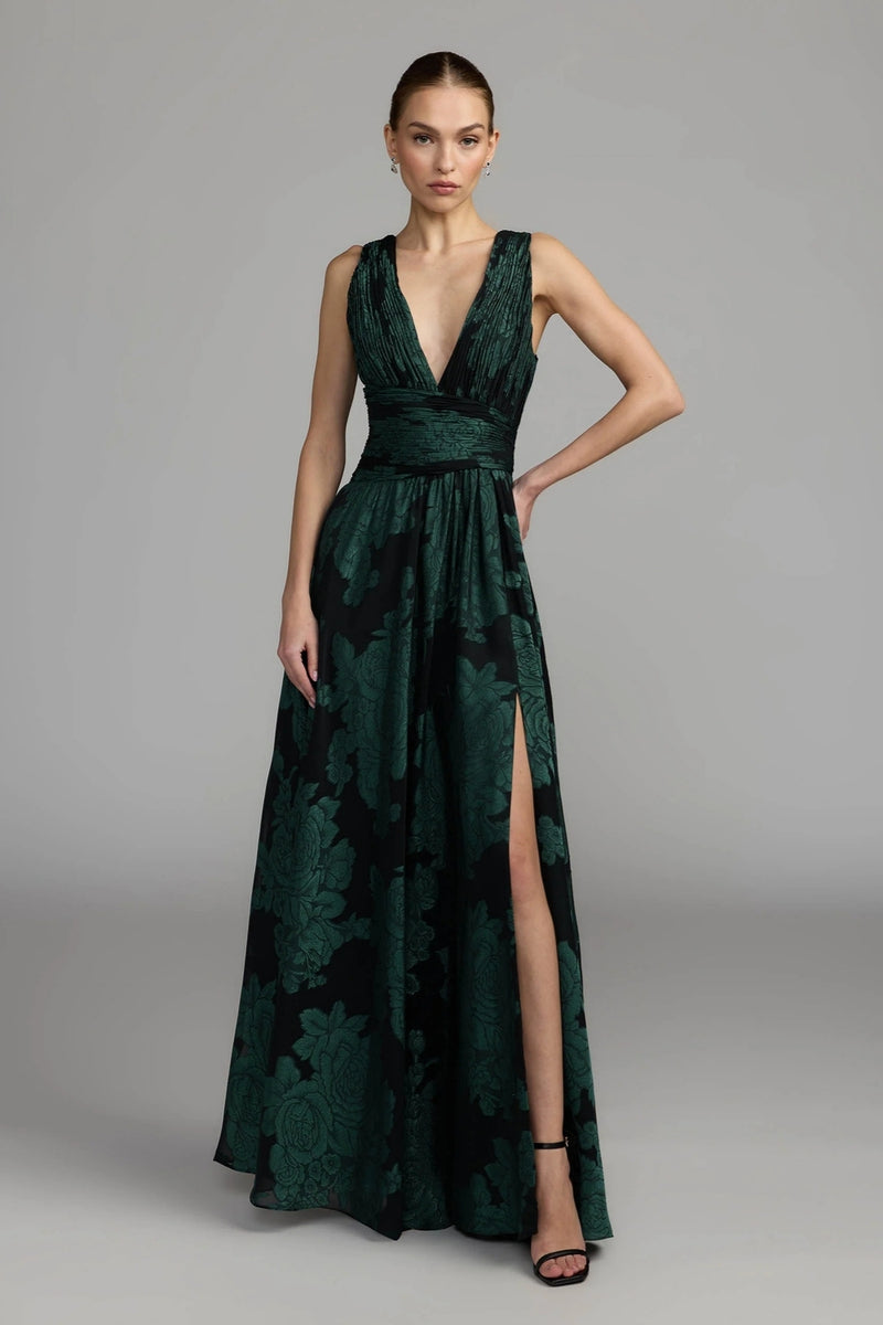 56487-Emerald Floral Sleeveless Plunge Neck Gown polyester cocktail-and-party-dresses by Mac Duggal in multi-color for women Worldwide
