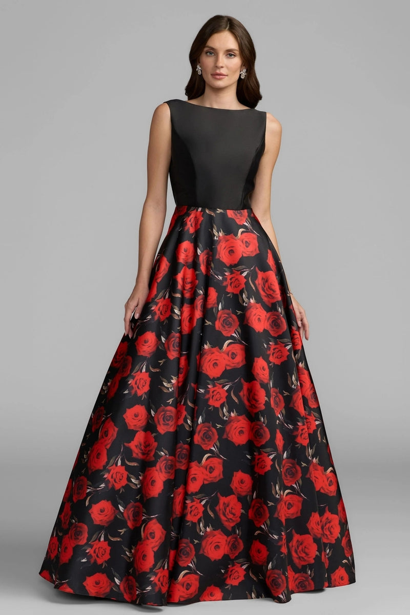 9956469P-Petite Black And Red Floral Open Back Ball Gown polyester cocktail-and-party-dresses by Mac Duggal in red for women Worldwide
