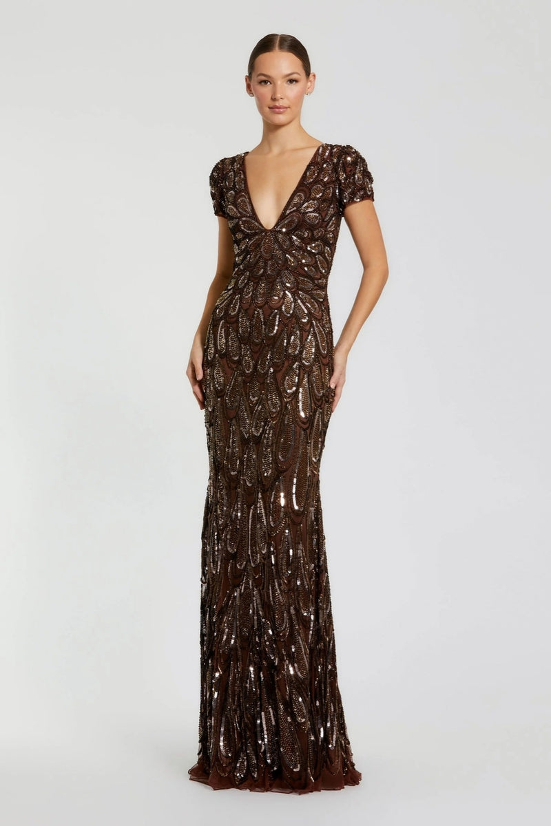 995243P-Petite Brown Embellished Deep V Column Gown polyester evening-gowns by Mac Duggal in brown for women Worldwide