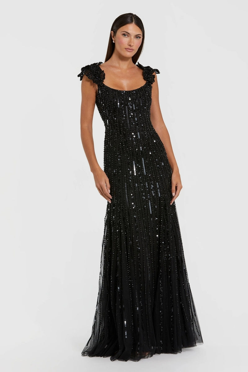 94223-Black Sleeveless Embellished Gown With Floral Accent polyester evening-gowns by Mac Duggal in black for women Worldwide
