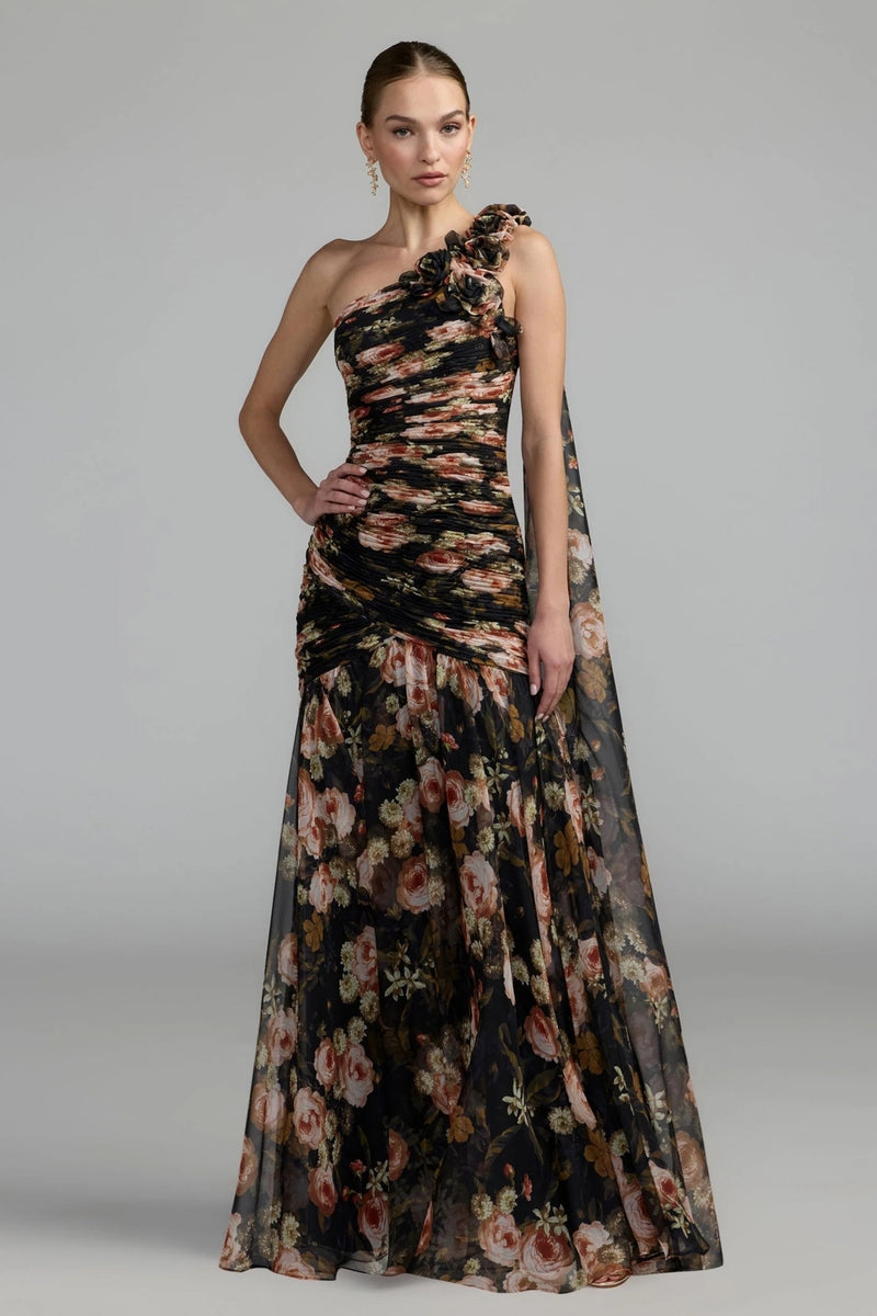 68993-Black One Shoulder Floral Printed Chiffon Gown polyester cocktail-and-party-dresses by Mac Duggal in multi-color for women Worldwide
