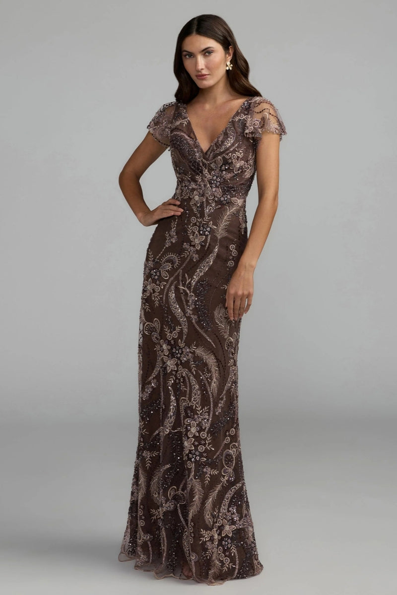 68914-Brown V Neck Flutter Sleeve Embroidered Lace Gown polyester evening-gowns by Mac Duggal in brown for women Worldwide