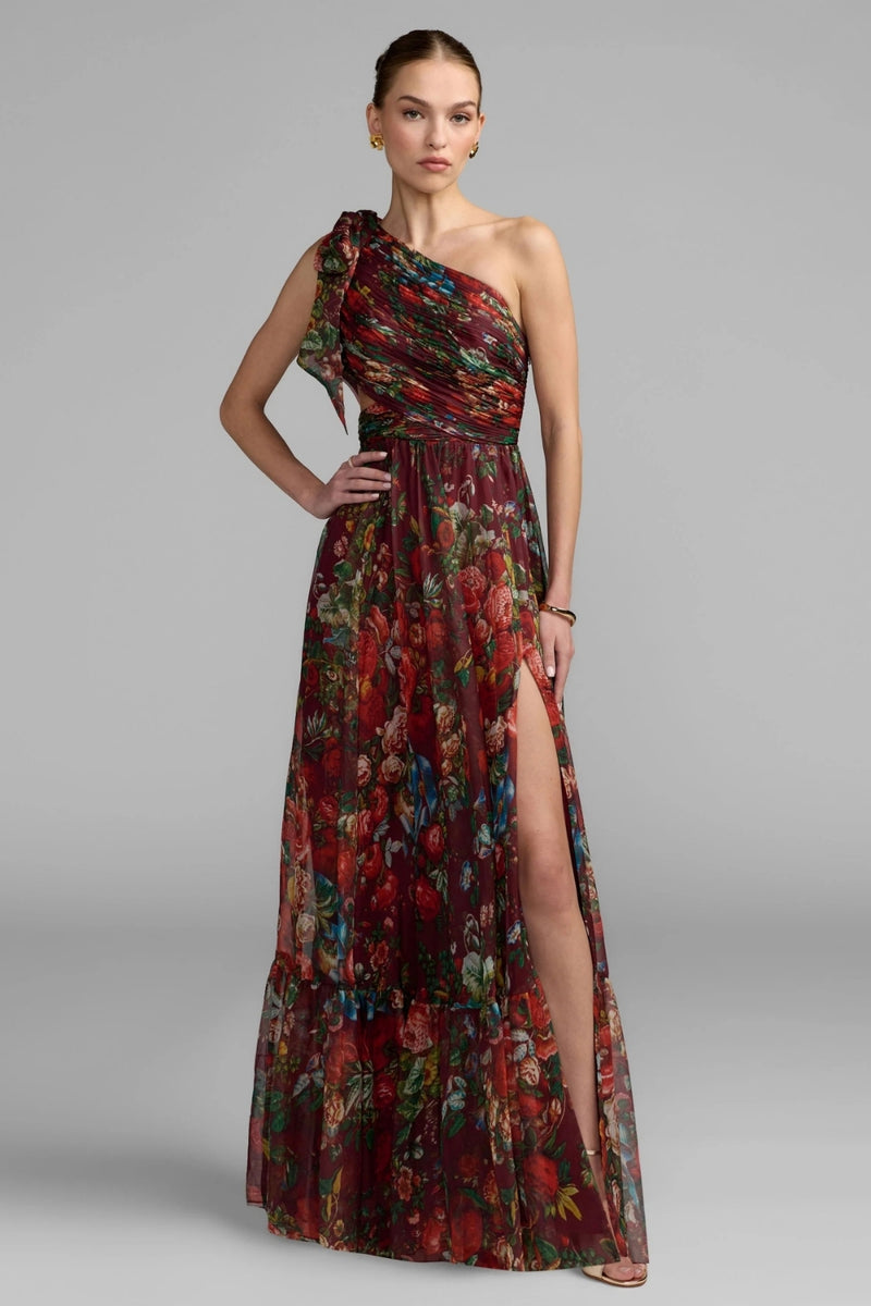 68553-Burgundy One Shoulder Floral Printed Chiffon Side Cut Out Gown polyester cocktail-and-party-dresses by Mac Duggal in multi-color for women Worldwide