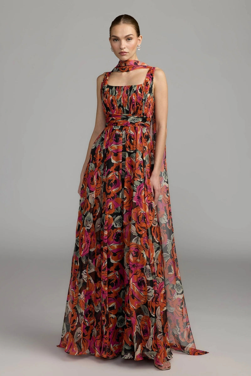56497-Multicolor Floral Chiffon Gown With Scarf polyester cocktail-and-party-dresses by Mac Duggal in pink for women Worldwide