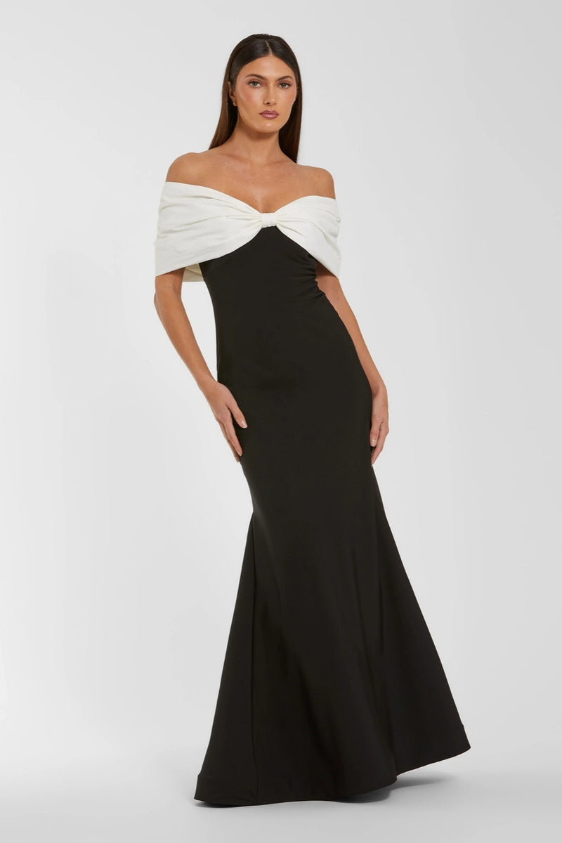 56232-Black Off The Shoulder Mermaid Gown With Bow polyester evening-gowns by Mac Duggal in black, ivory for women Worldwide