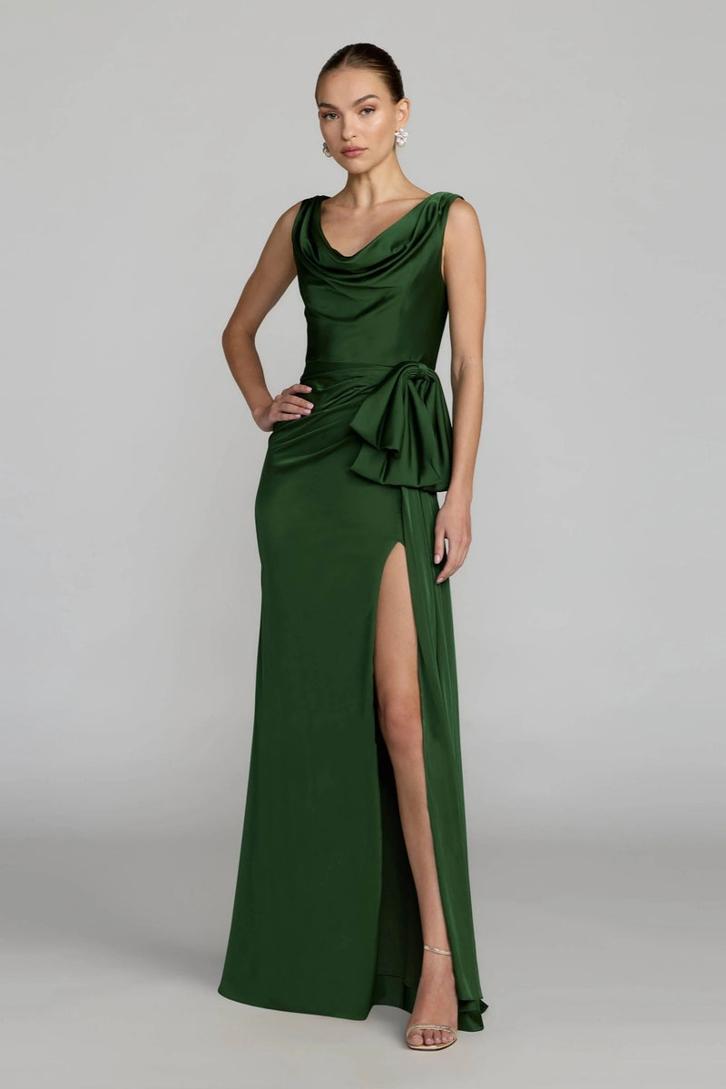 56230-Green Draped Cowl Neck Gown with Side Slit polyester evening-gowns by Mac Duggal in green for women Worldwide