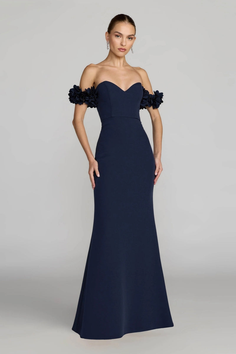 56131-Navy Crepe Off The Shoulder Gown With 3D Flowers polyester evening-gowns by Mac Duggal in blue for women Worldwide