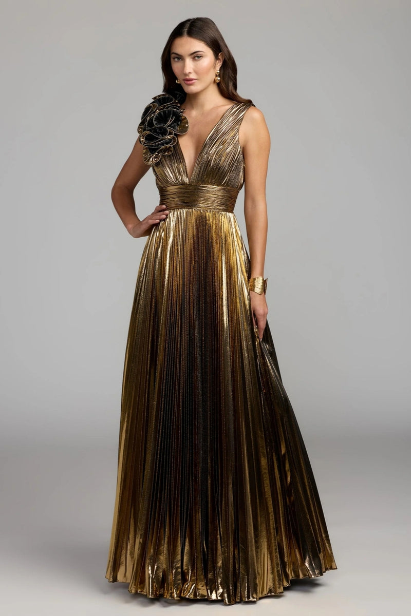 50212-Gold Sleeveless Metallic V-Neck Gown With Ruffle Detail polyester evening-gowns by Mac Duggal in yellow for women Worldwide