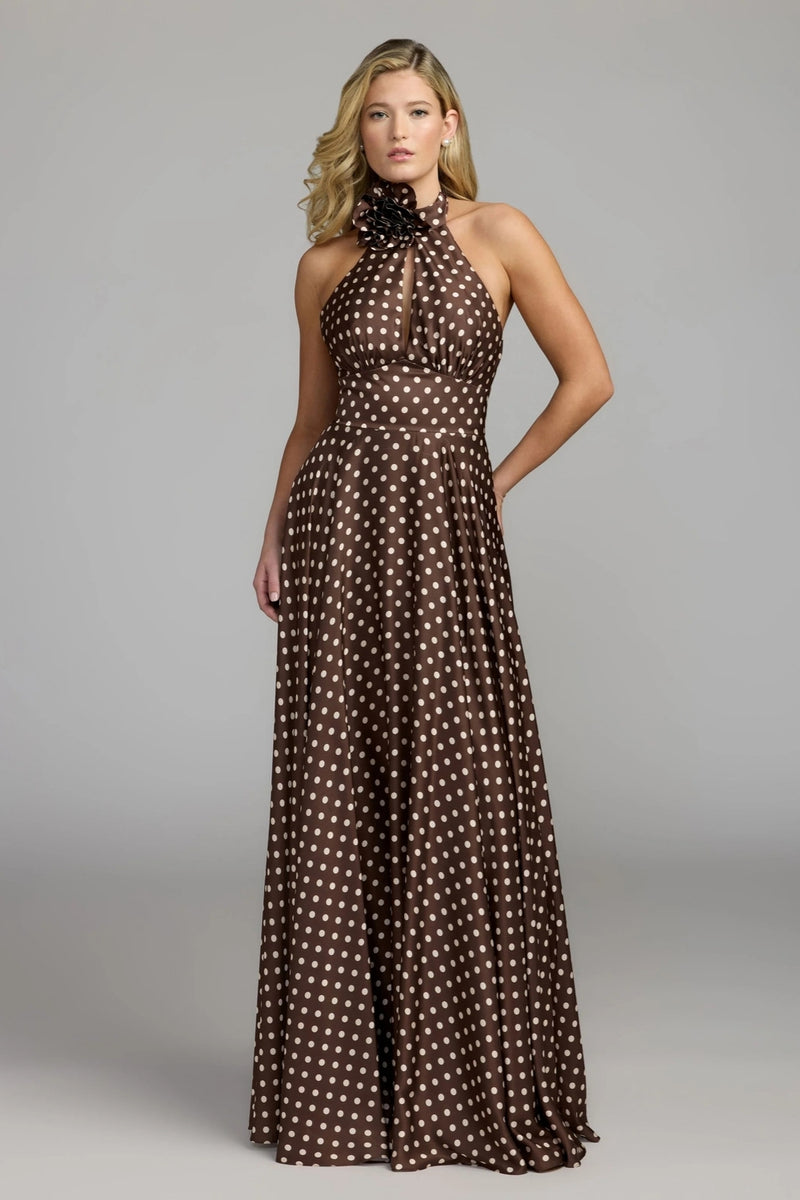 50210-Brown Polka Dot A-Line Halter Gown With Rosette polyester evening-gowns by Mac Duggal in multi-color for women Worldwide