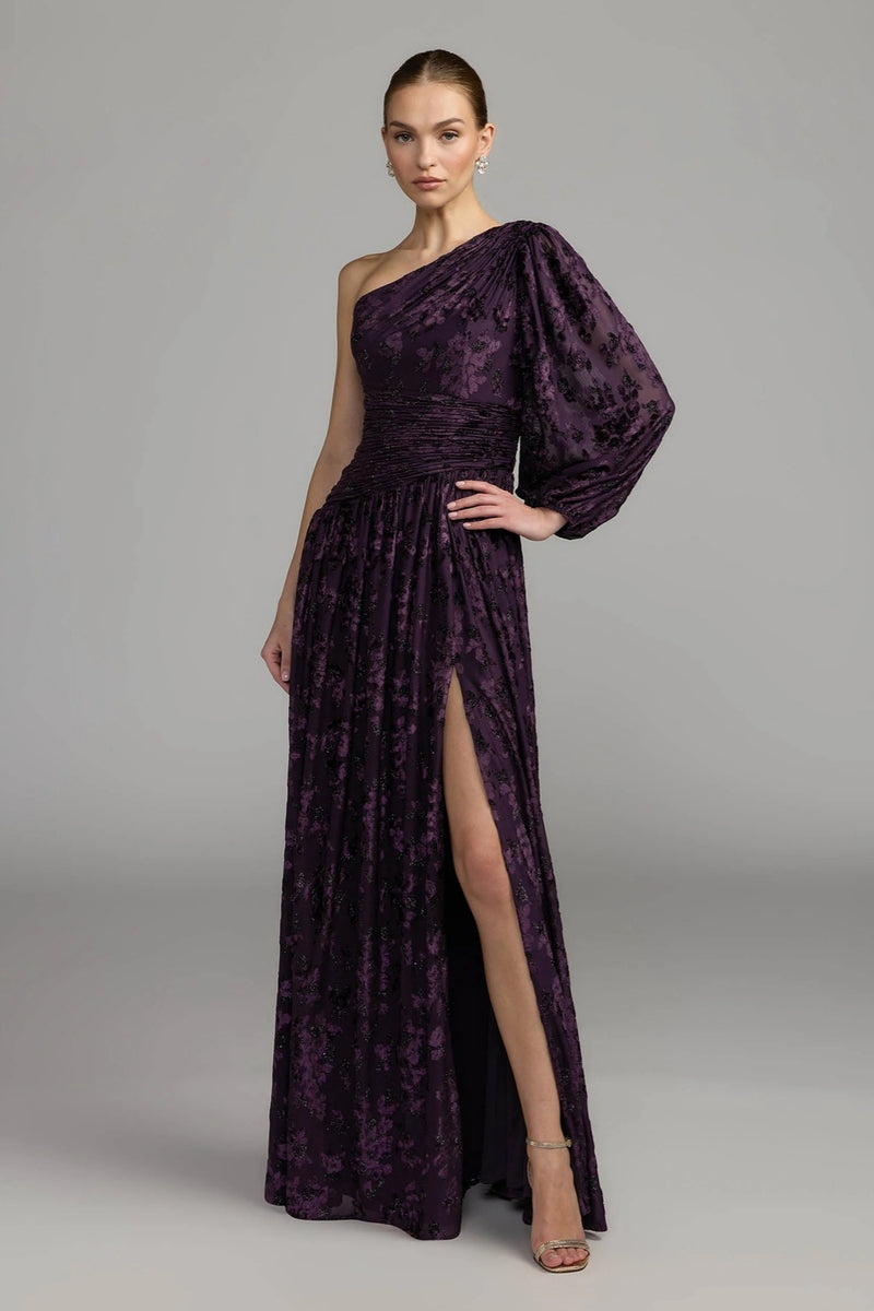 50179-Deep Purple One Shoulder Long Sleeve Burnout Velvet Gown polyester evening-gowns by Mac Duggal in purple for women Worldwide