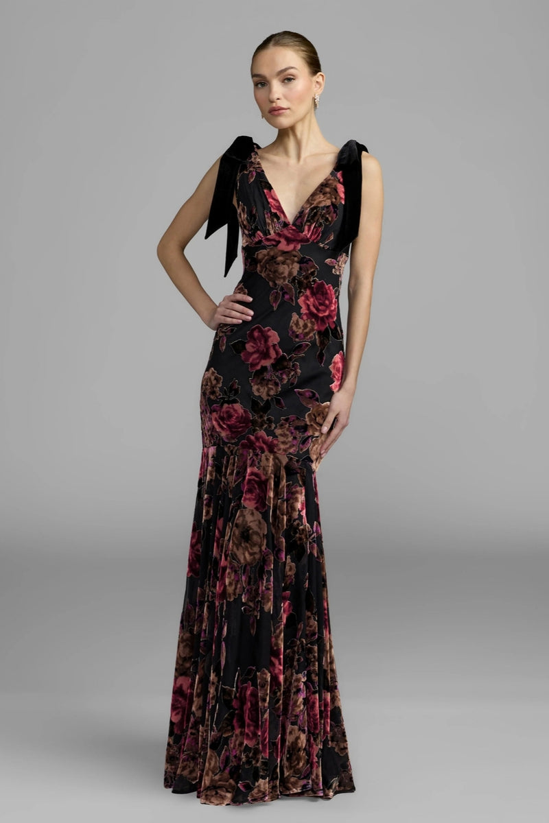 50175-Black Floral Velvet Mermaid Gown With Bows polyester cocktail-and-party-dresses by Mac Duggal in multi-color for women Worldwide