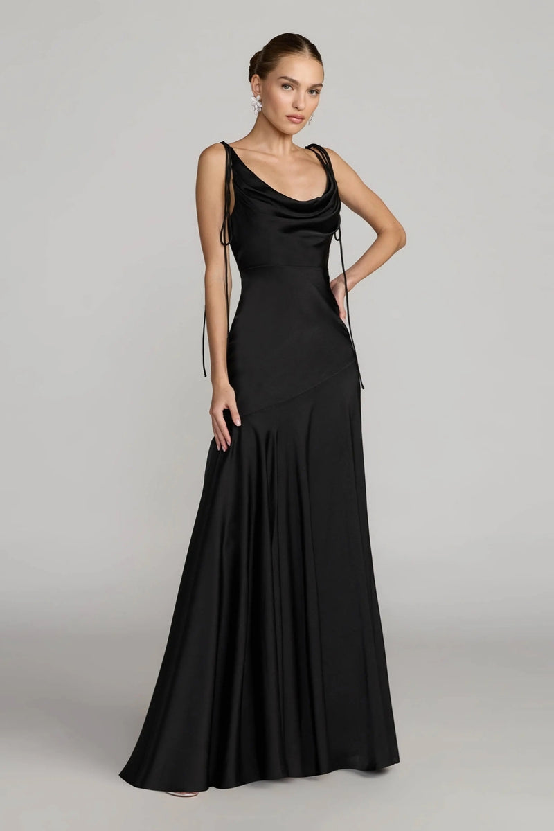 49914-Black Charmeuse Cowl Gown With Thin Bow Straps polyester evening-gowns by Mac Duggal in black for women Worldwide