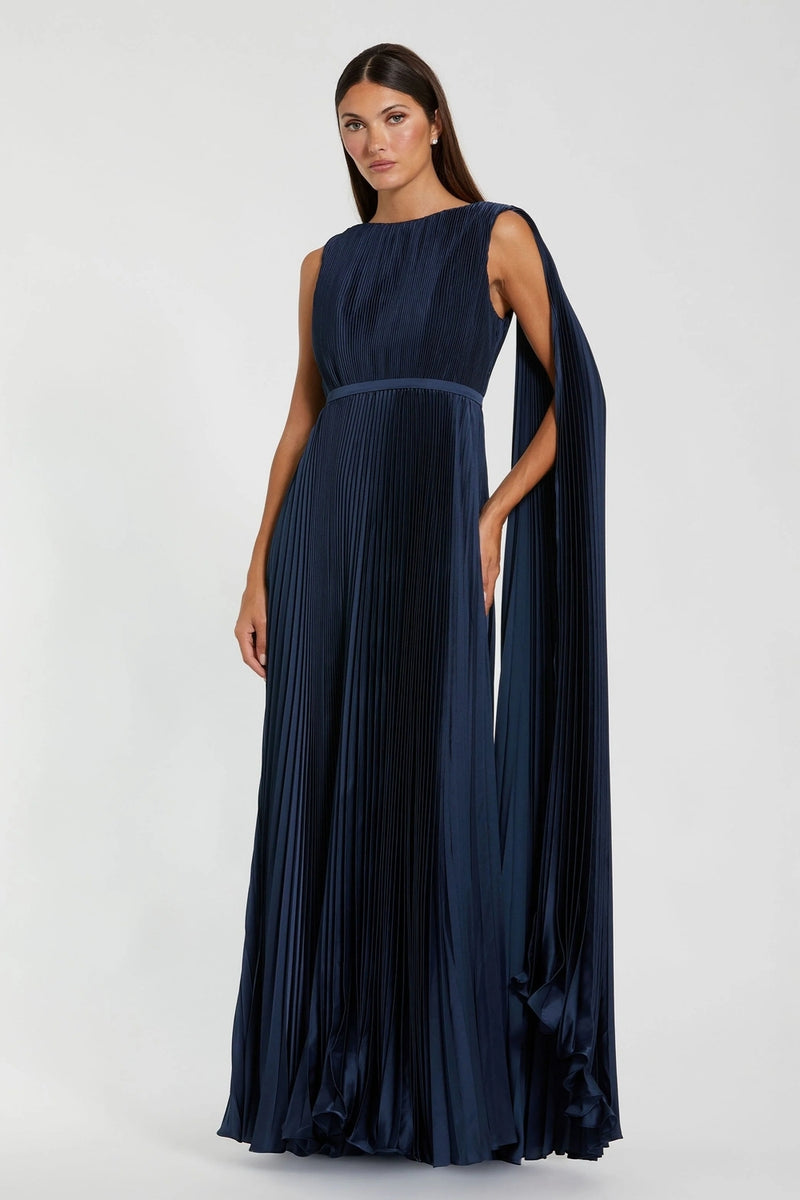 49716-Navy Pleated Cape Back Gown polyester evening-gowns by Mac Duggal in blue for women Worldwide