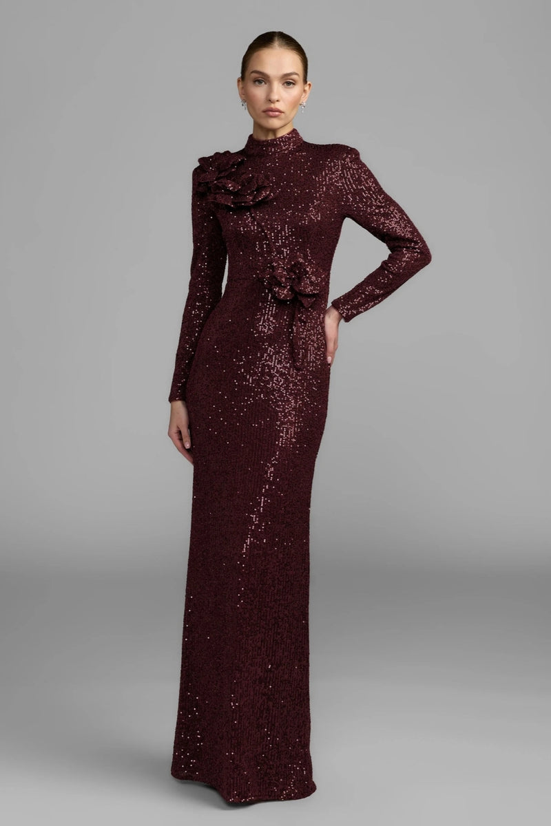 37157-Burgundy Long Sleeve Sequin Gown With Flowers polyester evening-gowns by Mac Duggal in maroon for women Worldwide
