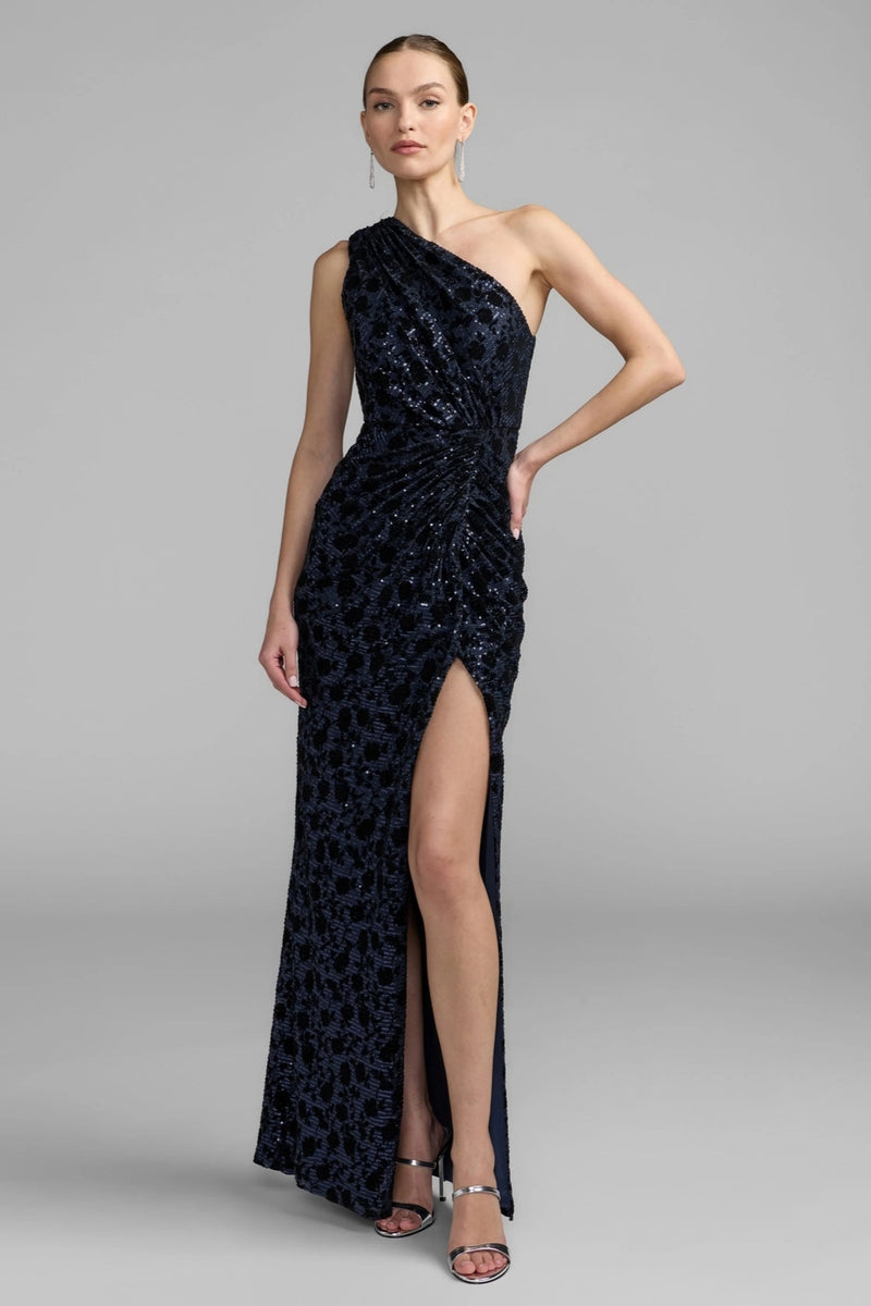 27900-Navy Floral One Shoulder Sequin Gown With Slit polyester evening-gowns by Mac Duggal in blue for women Worldwide
