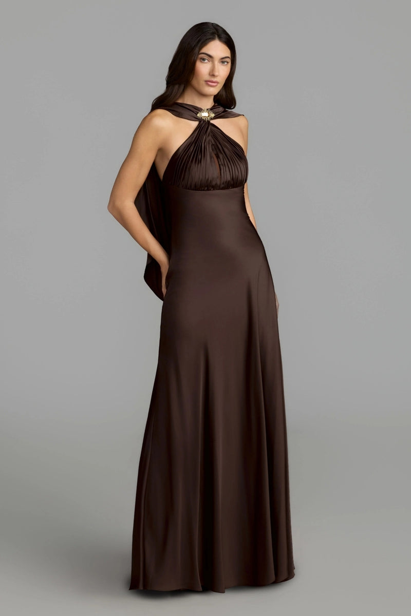 27878-Brown Charmeuse Cowl Back Halter Gown polyester evening-gowns by Mac Duggal in brown for women Worldwide