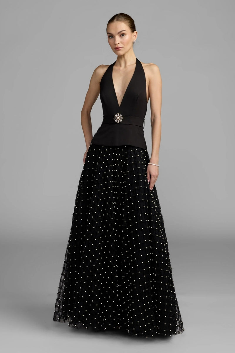 27865-Black Halter Pearl Embellished A-Line Gown polyester evening-gowns by Mac Duggal in black for women Worldwide