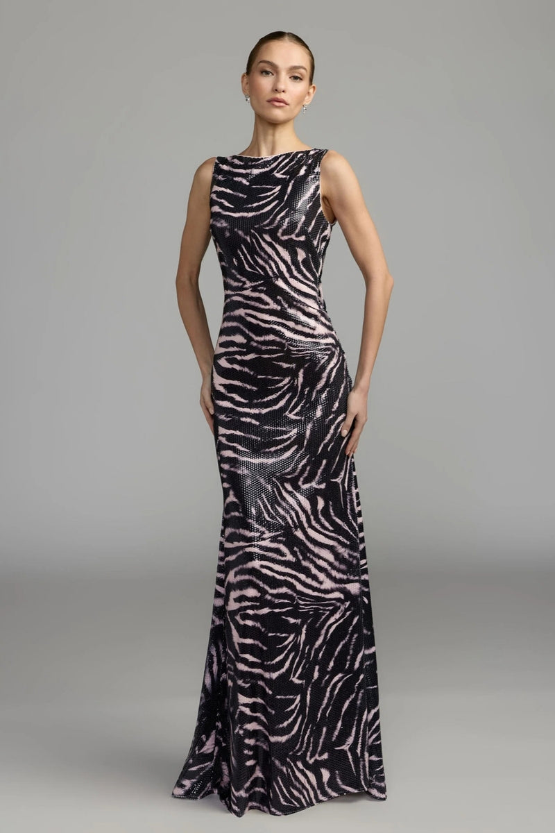27860-Black and Pink Tiger Print Cowl Back Sequin Gown polyester evening-gowns by Mac Duggal in multi-color for women Worldwide