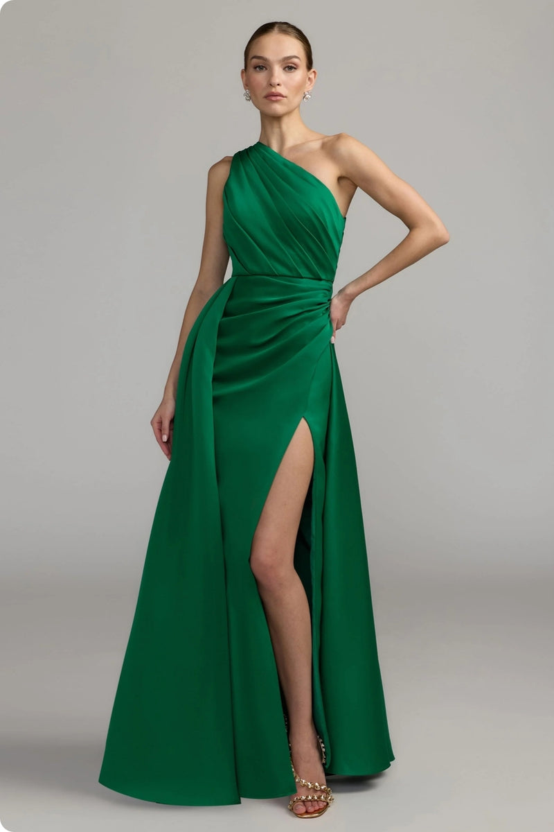 27784-Emerald One Shoulder Satin Gown With Overskirt polyester evening-gowns by Mac Duggal in green for women Worldwide