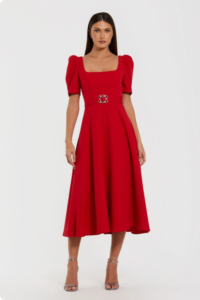27714-Red Square Neck Short Sleeve Midi Dress With Belt polyester evening-gowns by Mac Duggal in red for women Worldwide