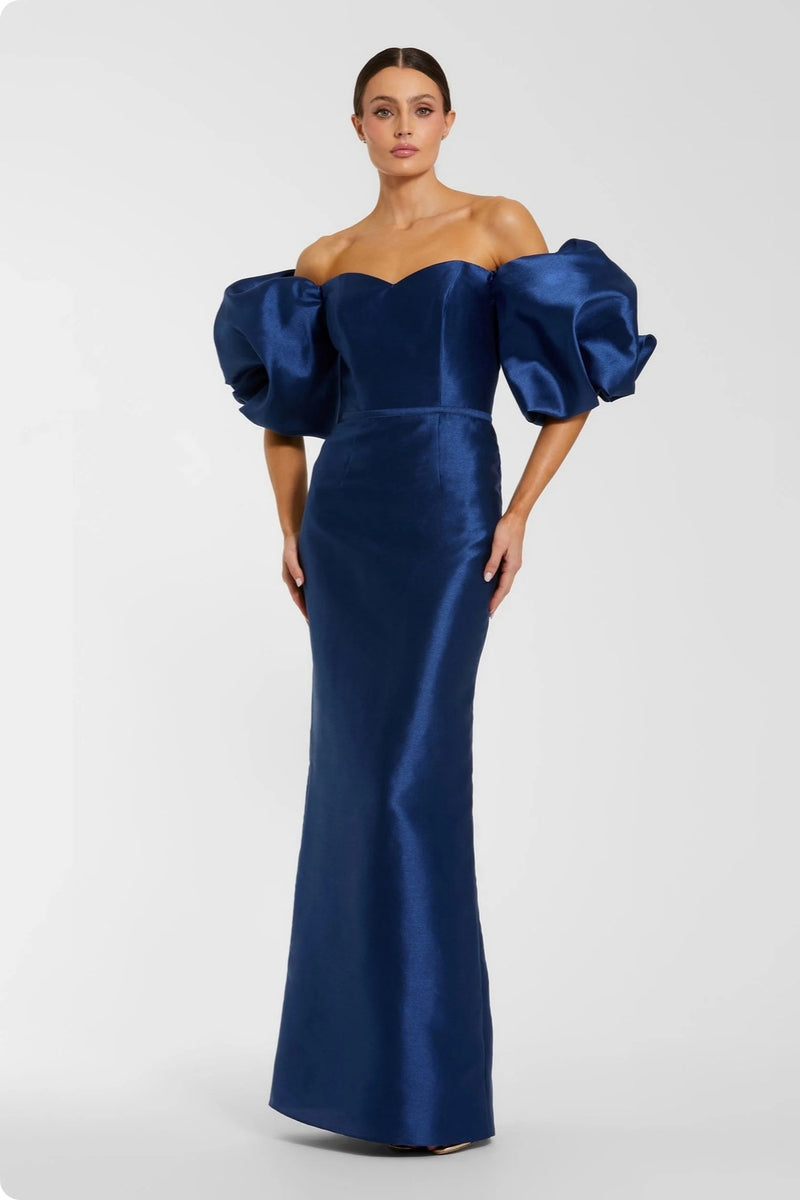 27276-Blue Off The Shoulder Puff Sleeve Satin Evening Gown polyester evening-gowns by Mac Duggal in blue for women Worldwide